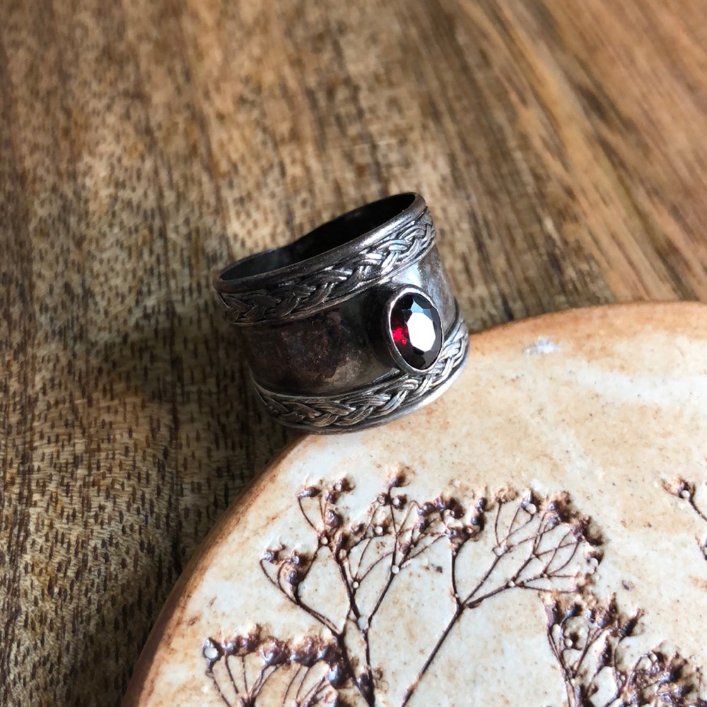 VINTAGE Sterling Silver Nordic Braided Garnet Ring